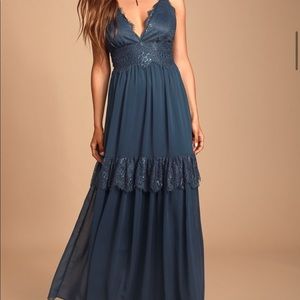 navy lace maxi prom dress